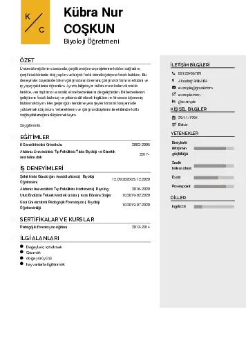 Biyoloji Öğretmeni CV Örnekleri cv indir